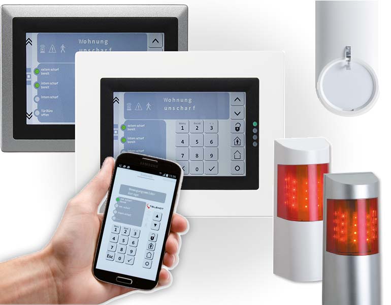 Einbruchmeldeanlage mit zwei Wandpanels, Smartphone-Steuerung und Alarmleuchten – Statusanzeige „Wohnung unscharf“