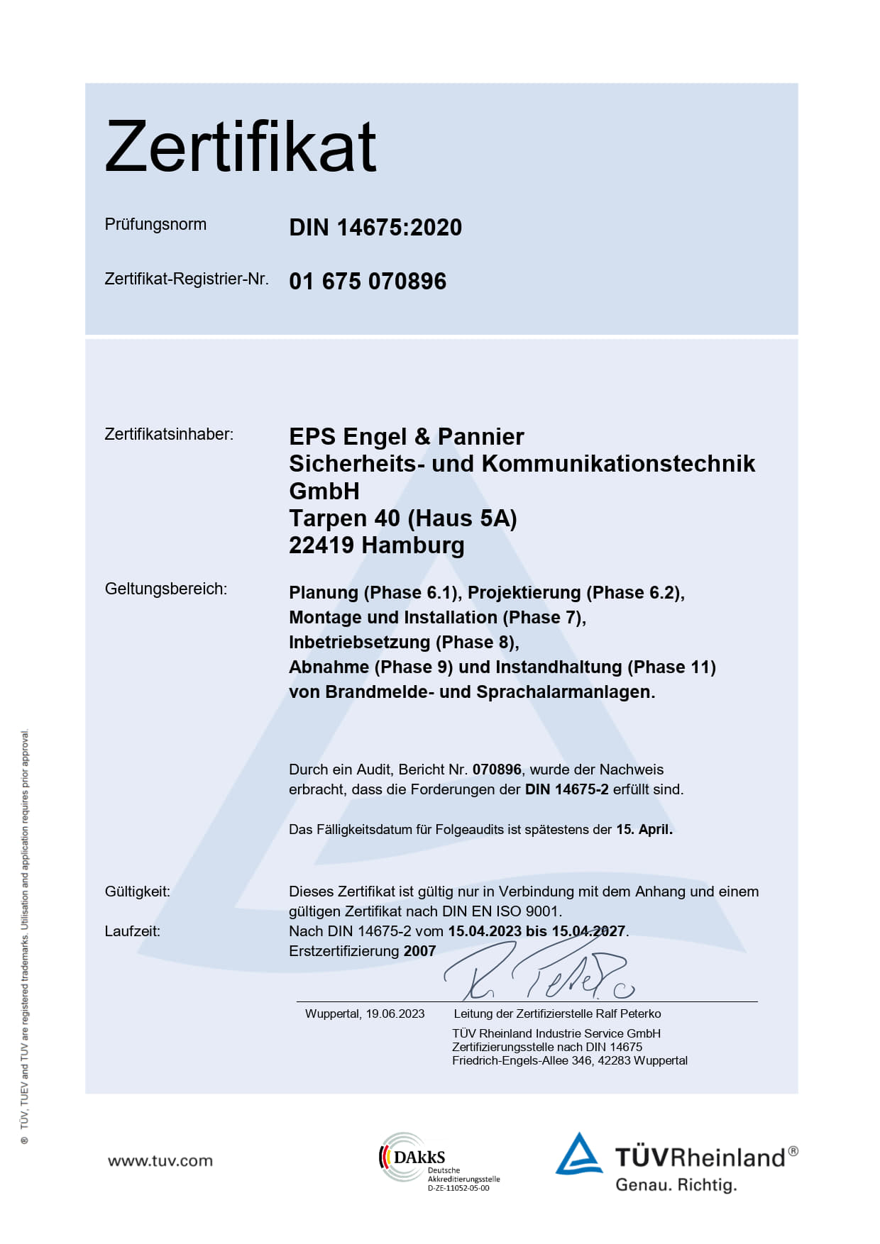 Zertifikat DIN 14675:2020 für Brandmelde- und Sprachalarmanlagen - EPS Engel & Pannier Sicherheits- und Kommunikationstechnik GmbH, ausgestellt von TÜV Rheinland